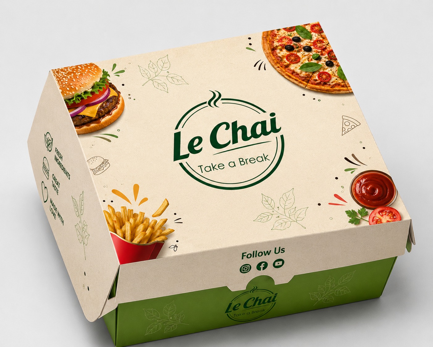 Le Chai kraft takeaway box with burger, pizza and fries